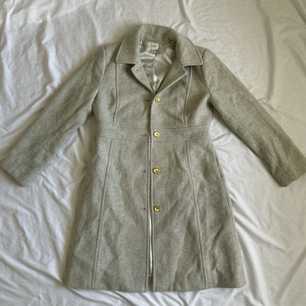 J. Crew Light Gray Wool-Blend Trench Coat with Gold Buttons